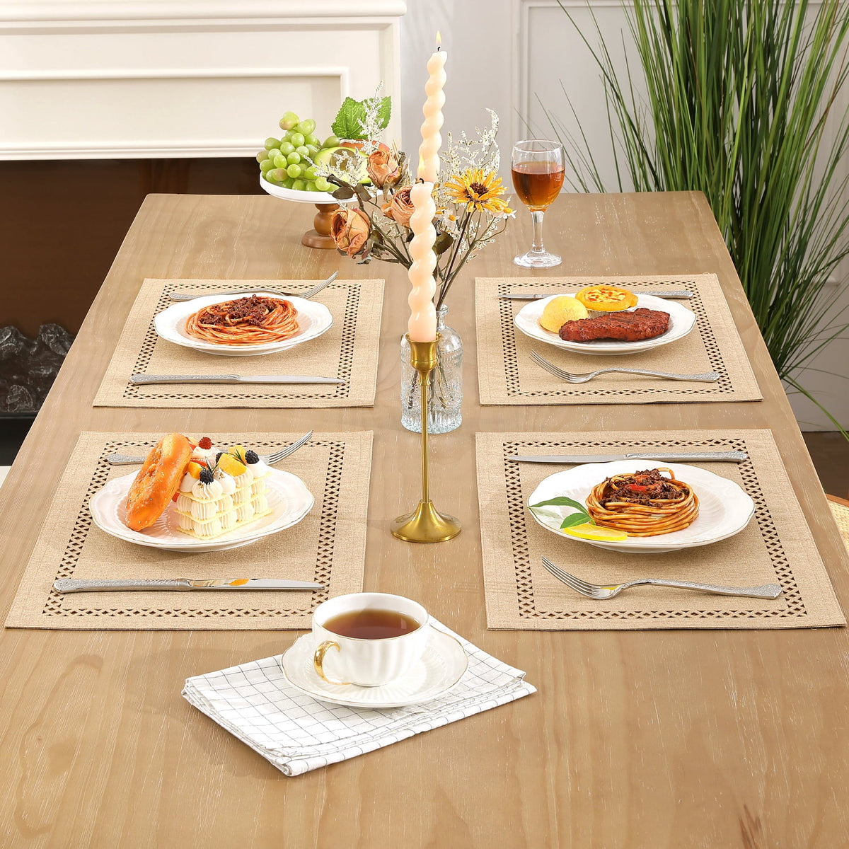Placemats Set of 4, Yamaziot Double Layer Cloth Fabric Heat Resistant Place Mat, Washable Reversible Rectangle Dining Table Mats, Hollow Khaki, 12"x18"