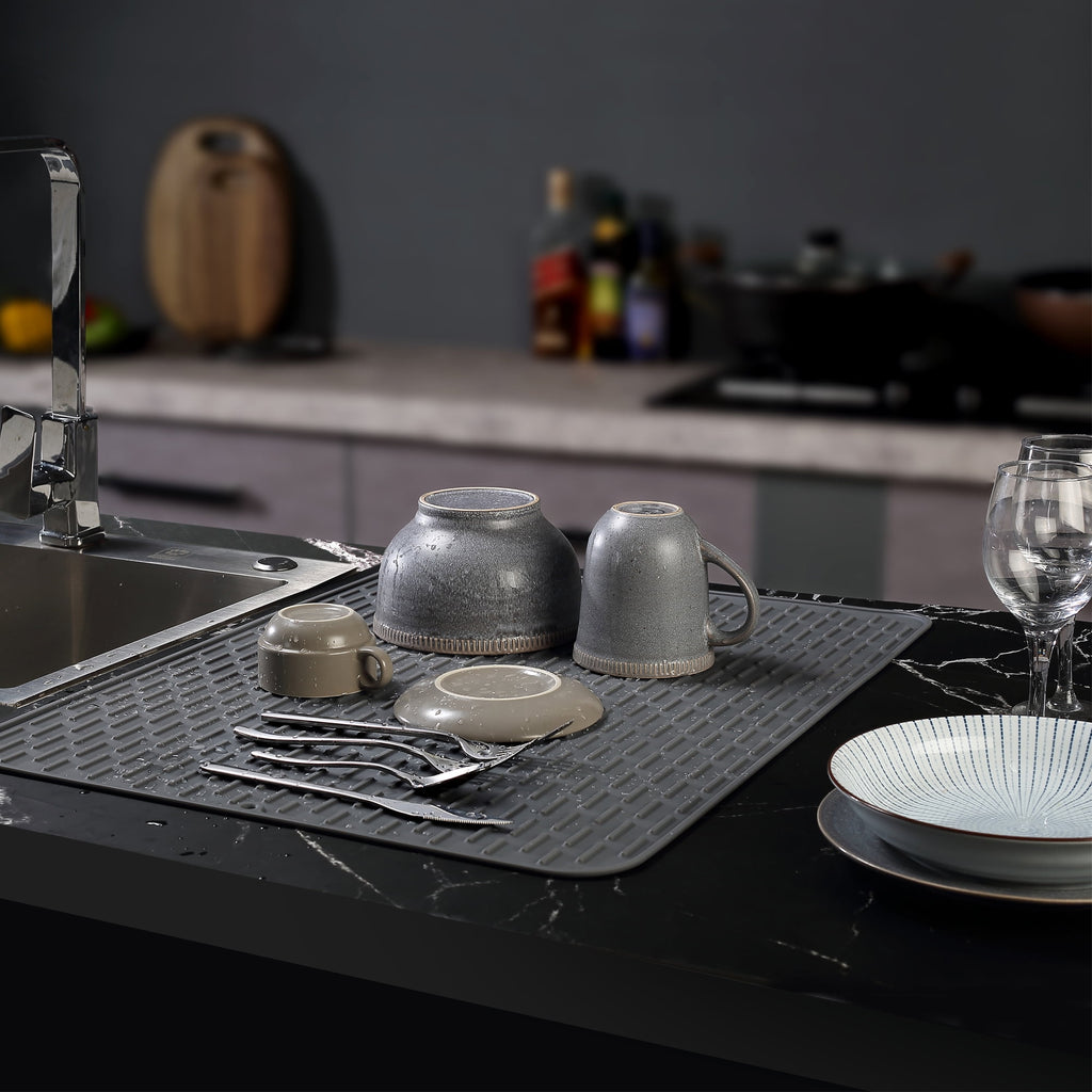 To encounter Silicone Dish Drying Mat, Extra Large 24'' x 18'' , Set of 2 Rubber Dish Draining Sink Mat, Heat Resistant Counter Top Mat, Light Grey