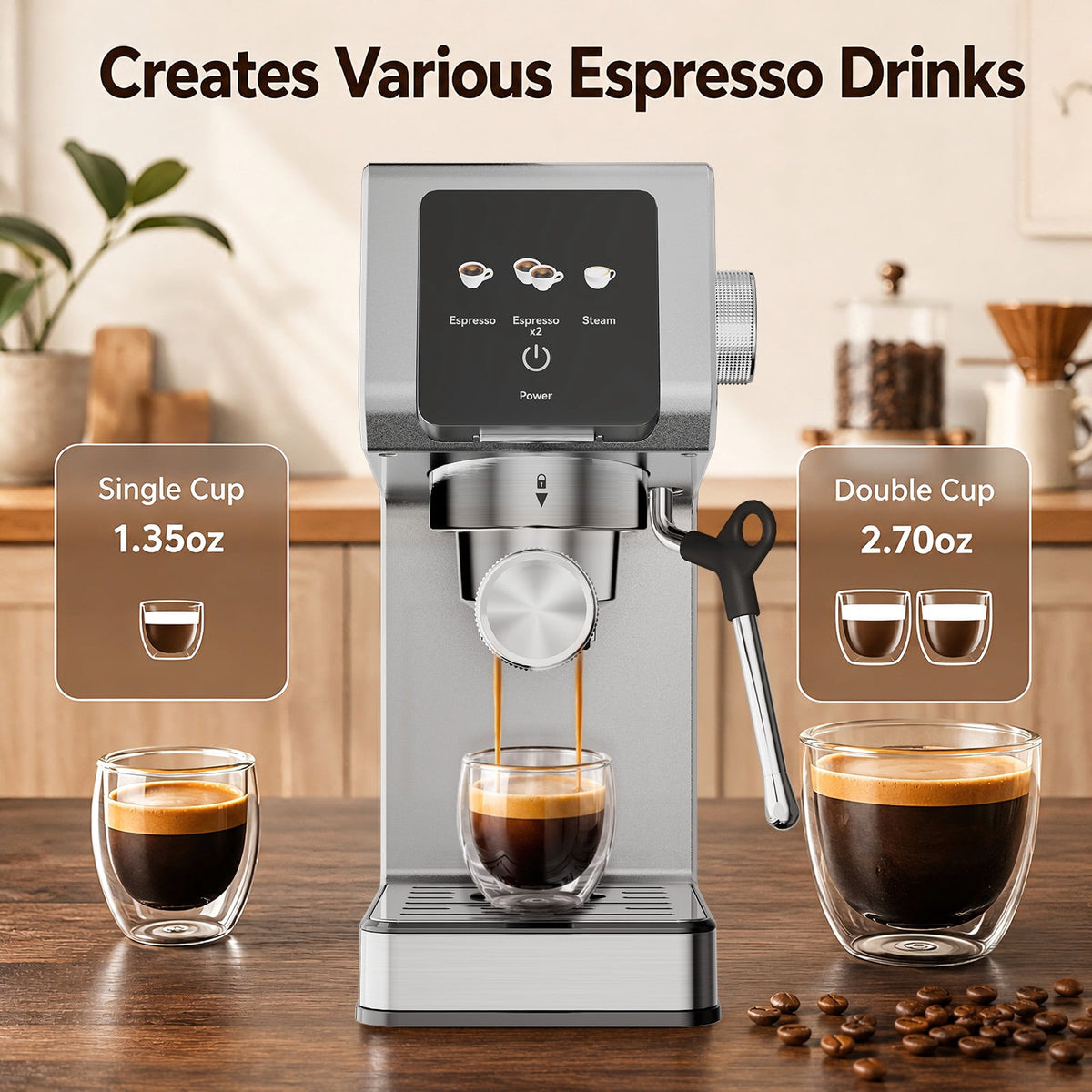20-Bar Espresso Machine with Rapid Cold Brew, Stainless Steel Coffee Maker, 40oz Removable Water Tank for Cappuccino & Latte, Silver