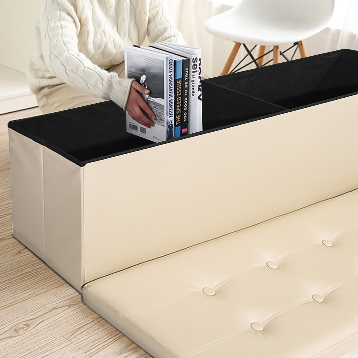 43" Ottoman with Storage Bench for Bedroom, Long End of Bed Seat with Storage Ottoman Bench, Large Folding Faux Leather Footrest Toy Chest for Living Room, Brown