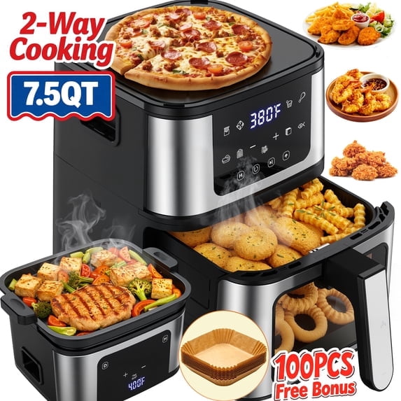 7.5QT 10-in-1 Air Fryer Oven with Grill Plate, LCD Digital Control, Clear-View Window, Air Fryer for Roasting, Baking, Reheating Healthy Meals, Nonstick Basket Air Fryer