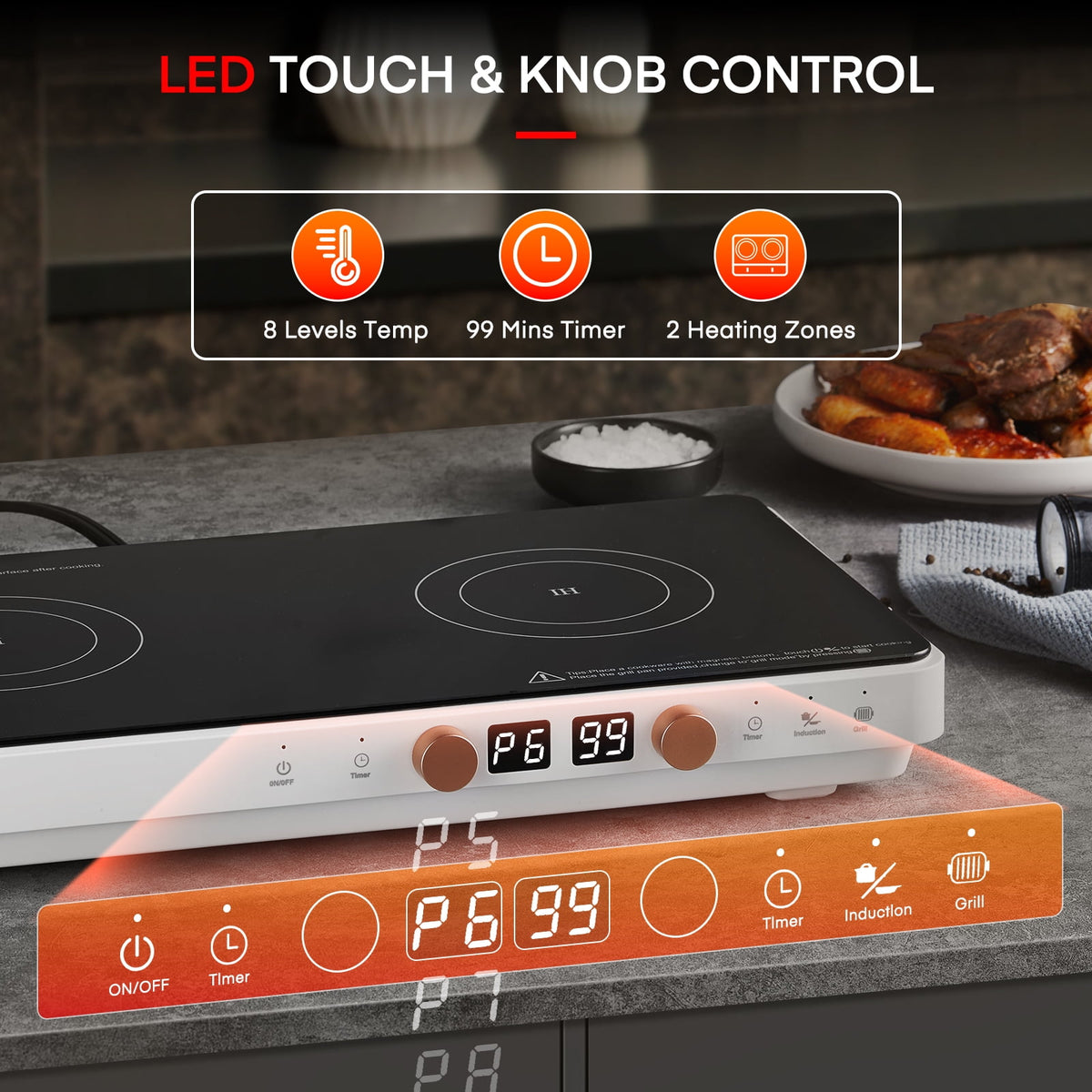 Induction Cooktop 2 Burners, 1800W Countertop Burners with Removable Cast Iron Griddle Pan Non-Stick, 8 Power Levels Control