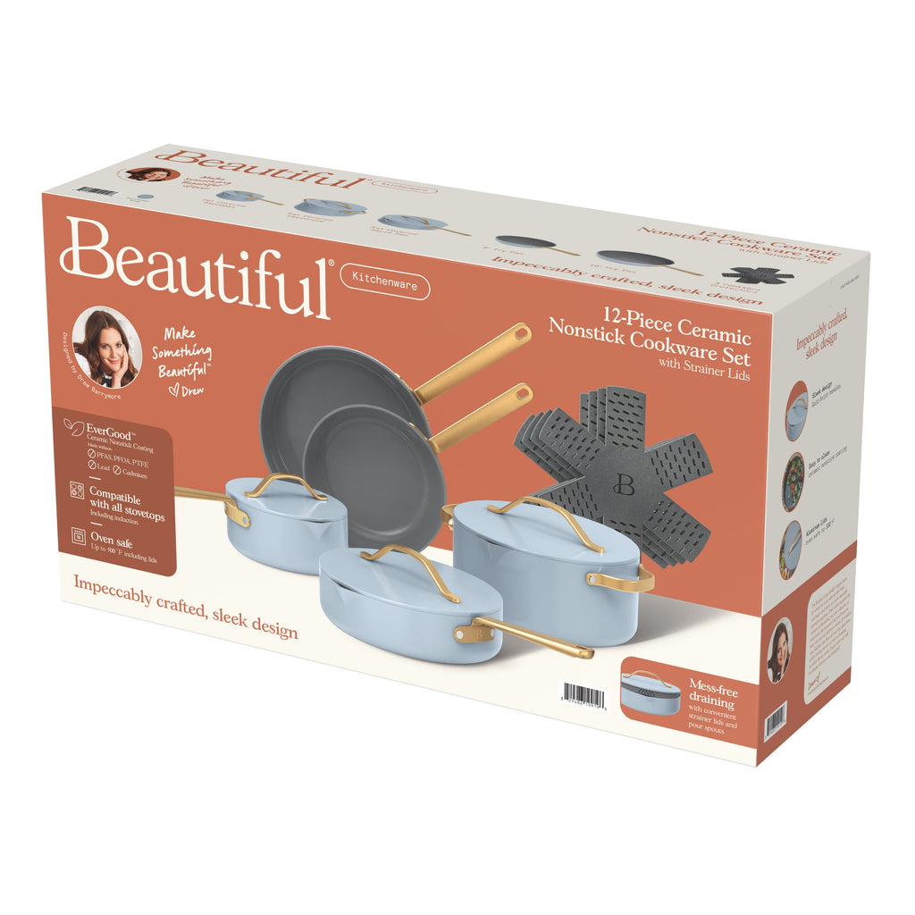 Beautiful 12-Piece Cookware Set, Pots and Pans with Strainer Lids and EverGood Ceramic Nonstick Coating, White Icing by Drew Barrymore
