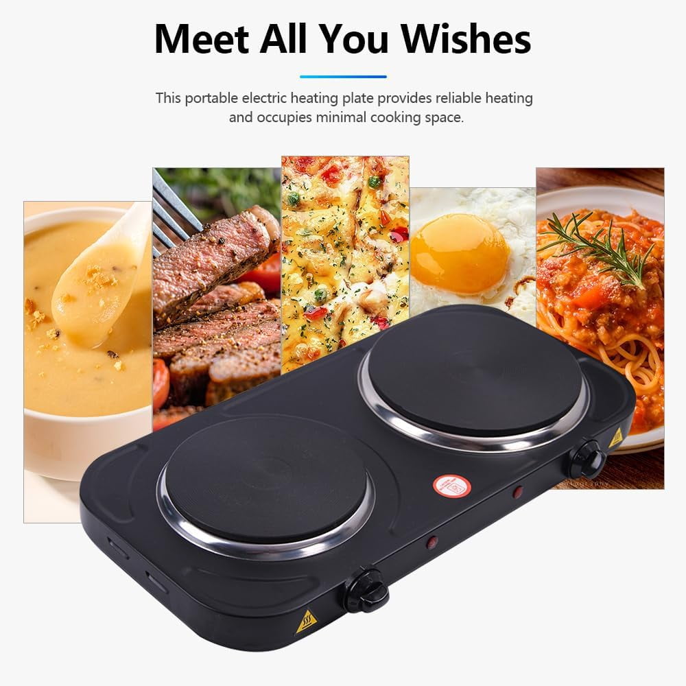 Electric Countertop Double Burner for Cooking, Portable 2000W Countertop Cast Iron Stove Burner, Hot Plate Temperature Controls with 5 Adjustable for RV/Home/Camp, Black