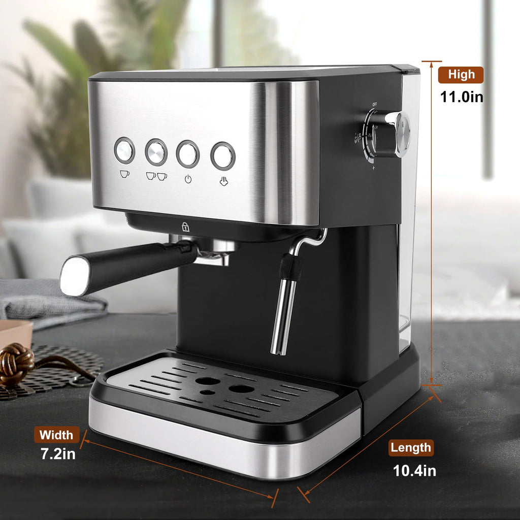 Fyydes Espresso Machine 20 Bar, 1.5L Water Tank with Milk Frother Steam, Stainless Steel Coffee Maker for Espresso, Latte, Mocha, Americano, 1050W, Silver