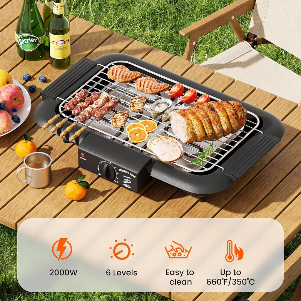 LASIEYO Electric Smokeless Grill, Non-Stick BBQ Grill Indoor Outdoor Barbecue Grill, Adjustable Temperature Control High Power Portable Removable Stand Grill for Cooking BBQ Party, Black