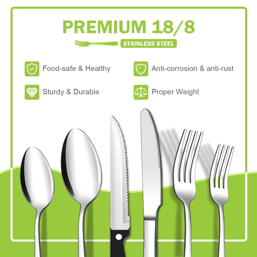 49-Piece Silverware Set with Flatware Drawer Organizer, Durable Stainless Steel Cutlery Set for 8, Mirror Polished Kitchen Utensils Tableware Service with Steak Knives Dinner Fork Knife Spoon & Tray