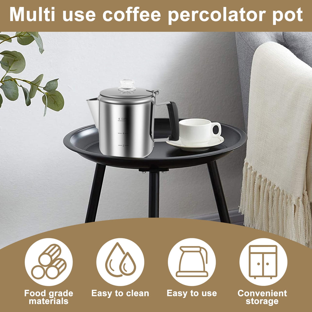 Jetcloudlive Stainless Steel Coffee Percolator 6-Cup Camping Coffee Pot with Glass Knob Portable Percolator Coffee Pot for Campfire or Stove Top Coffee Making