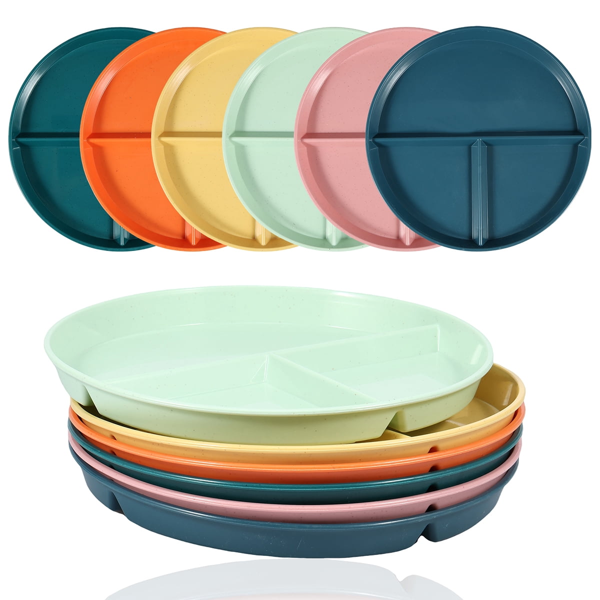 Evjurcn 6Pcs Divided Dinner Plates 3 Compartment Unbreakable Dinner Diet Plates Stackable Portion Control Dish Reusable Divider Plates Microwave Dishwasher Safe for Kids Adults Seniors