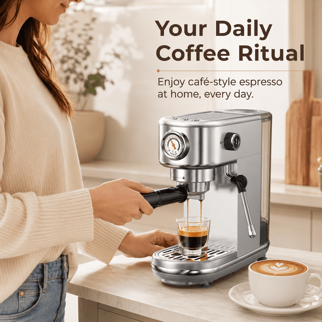 20 Bar Espresso Machine with Milk Frother, Steam Wand & Pressure Gauge, Amumu Compact Stainless Steel Coffee Maker for Cappuccino & Latte, Silver