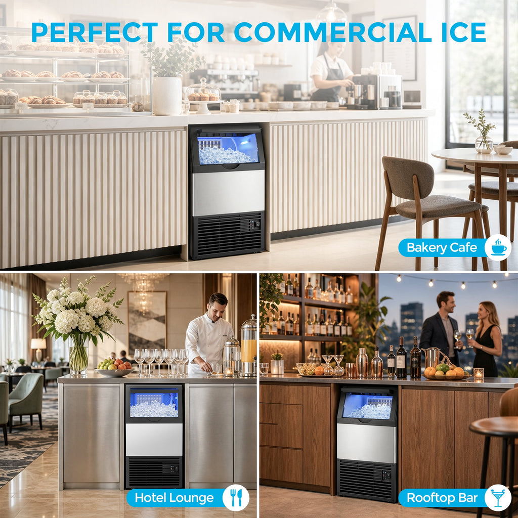 Snowyermine Residential/Commercial Ice Maker, 100 lbs/24H, 33 lb Storage Bin,Built-In or Freestanding Under Counter Ice Machine, Self-Cleaning for Restaurant, Bar, Cafe & Home, Silver
