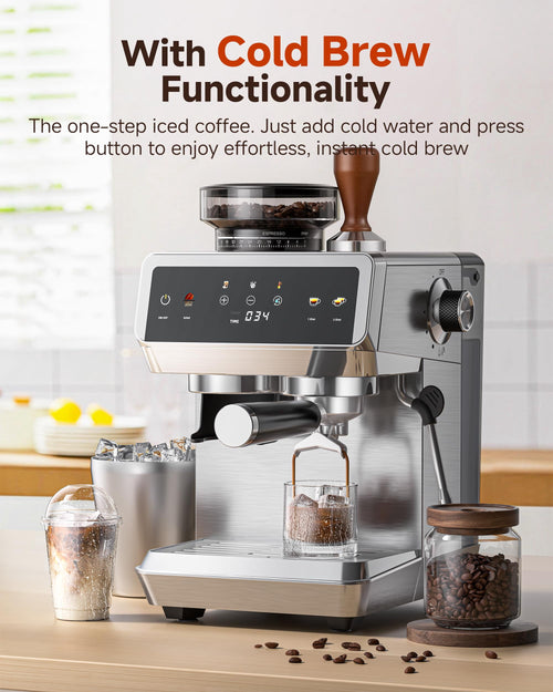 20 Bar Espresso Machine with Built-in Grinder, Semi-Automatic 1350W Coffee Maker with Touch Screen, Stainless Steel Body, Milk Frother Wand, 35 Grind Settings, Adjustable Temperature & Cold Brew Mode
