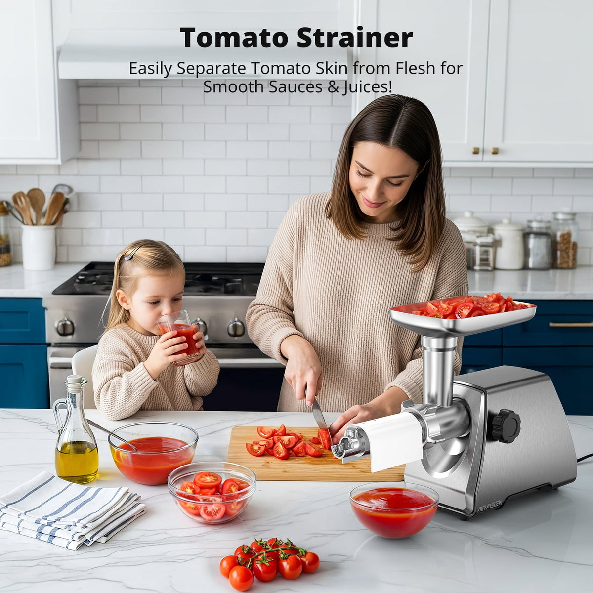 AIRMSEN Stainless Steel Meat Grinder, Electric 3 in 1 Meat Mincer with 2 Blades & 3 Plates, Sausage & Kubbe Maker Kit, Fixed Lock, Double Switch, Food Grinder for Home Kitchen Use