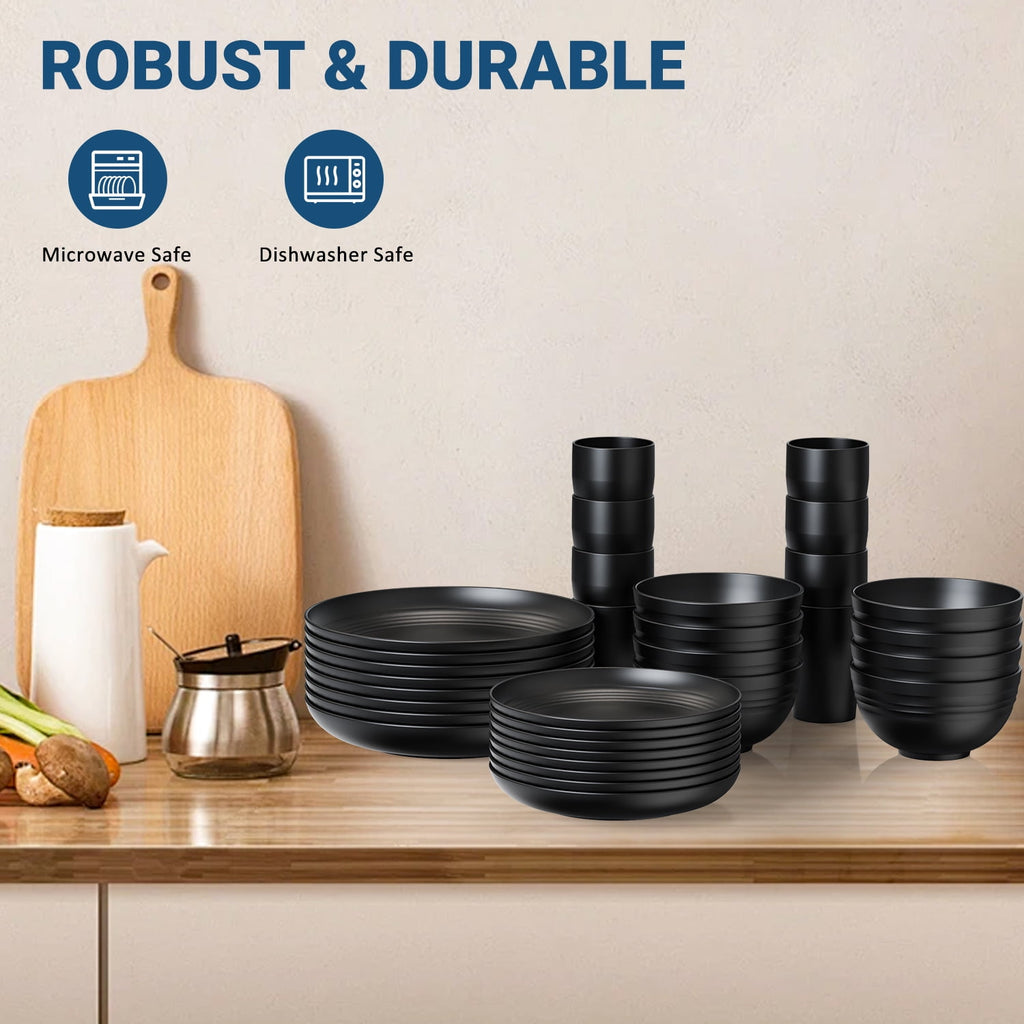 TINANA Wheat Straw Dinnerware Sets, Service for 8, 32 PCS Unbreakable Dinnerware,Microwave Dishwasher Safe - Black