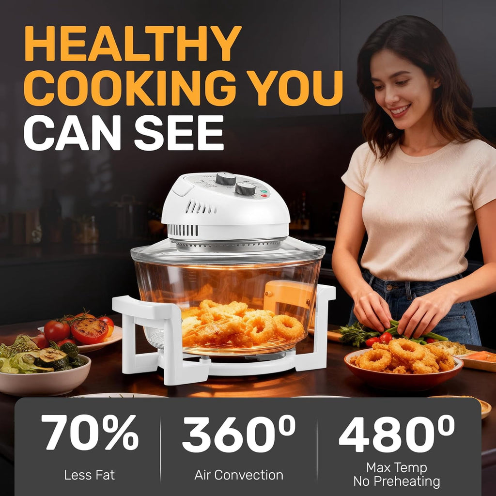 Granitestone 16Qt Large Glass Air Fryer Non Toxic – Family Sized Airfryer Cooker with 3 Cooking Levels, Stainless Steel Racks, Chicken, No Preheat, Self Cleaning, Dishwasher Safe, White
