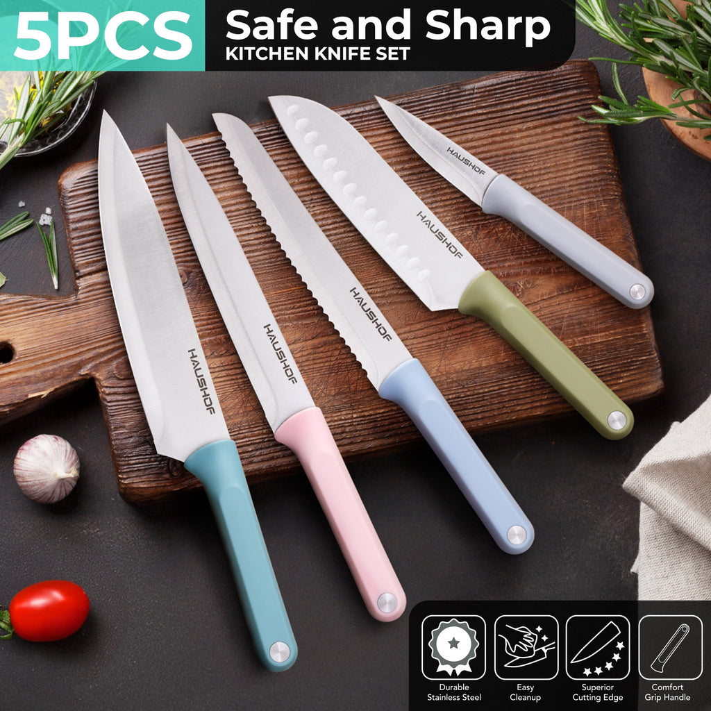 HAUSHOF Colorful Kitchen Knife Set 5 PCS, Non-Stick Coated Stainless Steel Blades with Sheaths, Ergonomic Grip, Gift for Mom Dad Wife, Camping BBQ Everyday Cooking, Chopping