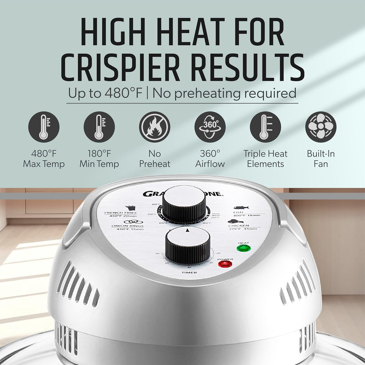 Granitestone 16Qt Large Glass Air Fryer Non Toxic – Family Sized Airfryer Cooker with 3 Cooking Levels, Stainless Steel Racks, Chicken, No Preheat, Self Cleaning, Dishwasher Safe, White
