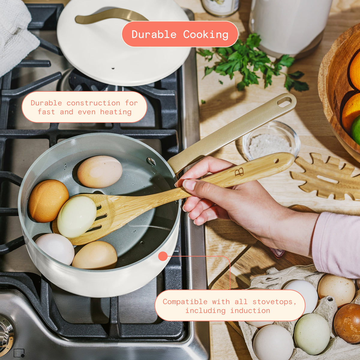 Beautiful 12-Piece Cookware Set, Pots and Pans with Strainer Lids and EverGood Ceramic Nonstick Coating, White Icing by Drew Barrymore