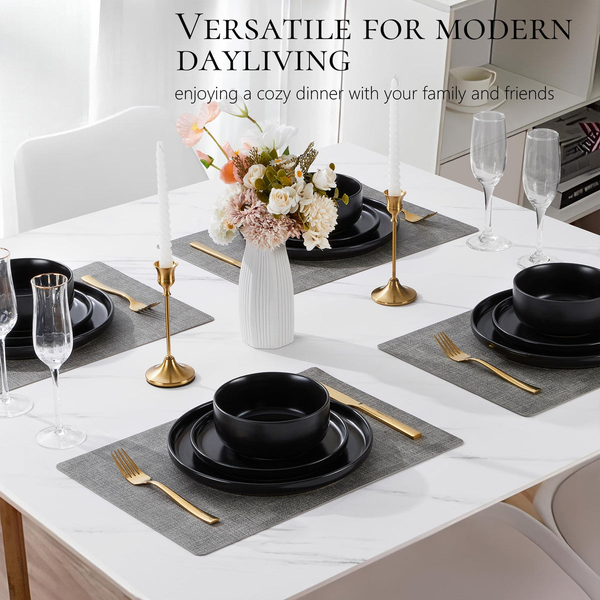 Vesteel Dinnerware Sets for 4, 12-Piece Stoneware Dish and Bowls Set, Handmade Reactive Glaze Coupe Plates Set for Family, Chip & Scratch Resistant - Matte Black