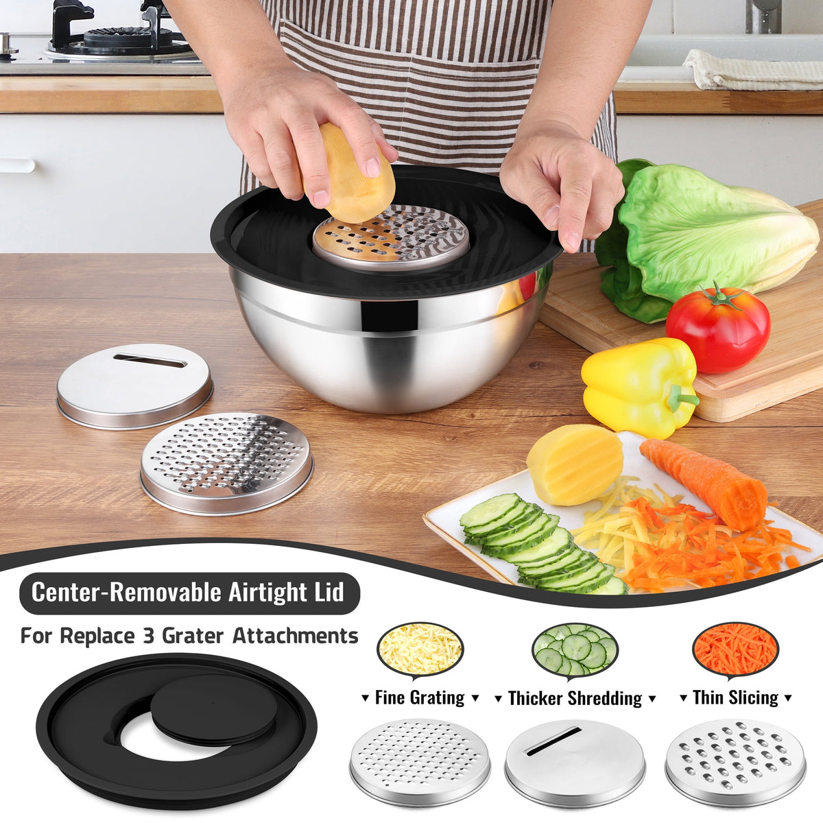 Mixing Bowls with Lids Set of 9, Vesteel Stainless Steel Mixing Bowls Metal Nesting Salad Bowls Attach with 3 Graters for Kitchen Grating/ Shredding, Size 4.6, 2.6, 2, 1.5, 1, 0.7 QT - Multi-Color