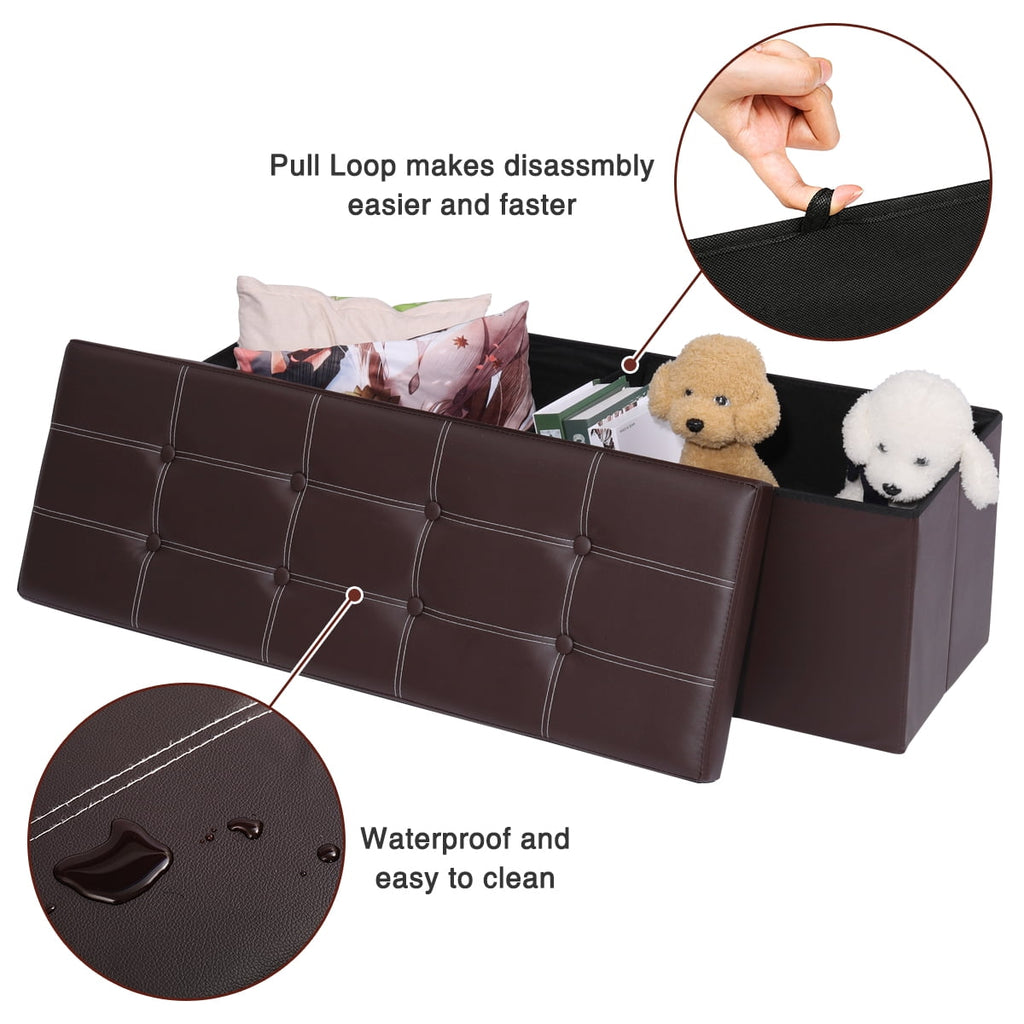 43" Ottoman with Storage Bench for Bedroom, Long End of Bed Seat with Storage Ottoman Bench, Large Folding Faux Leather Footrest Toy Chest for Living Room, Brown