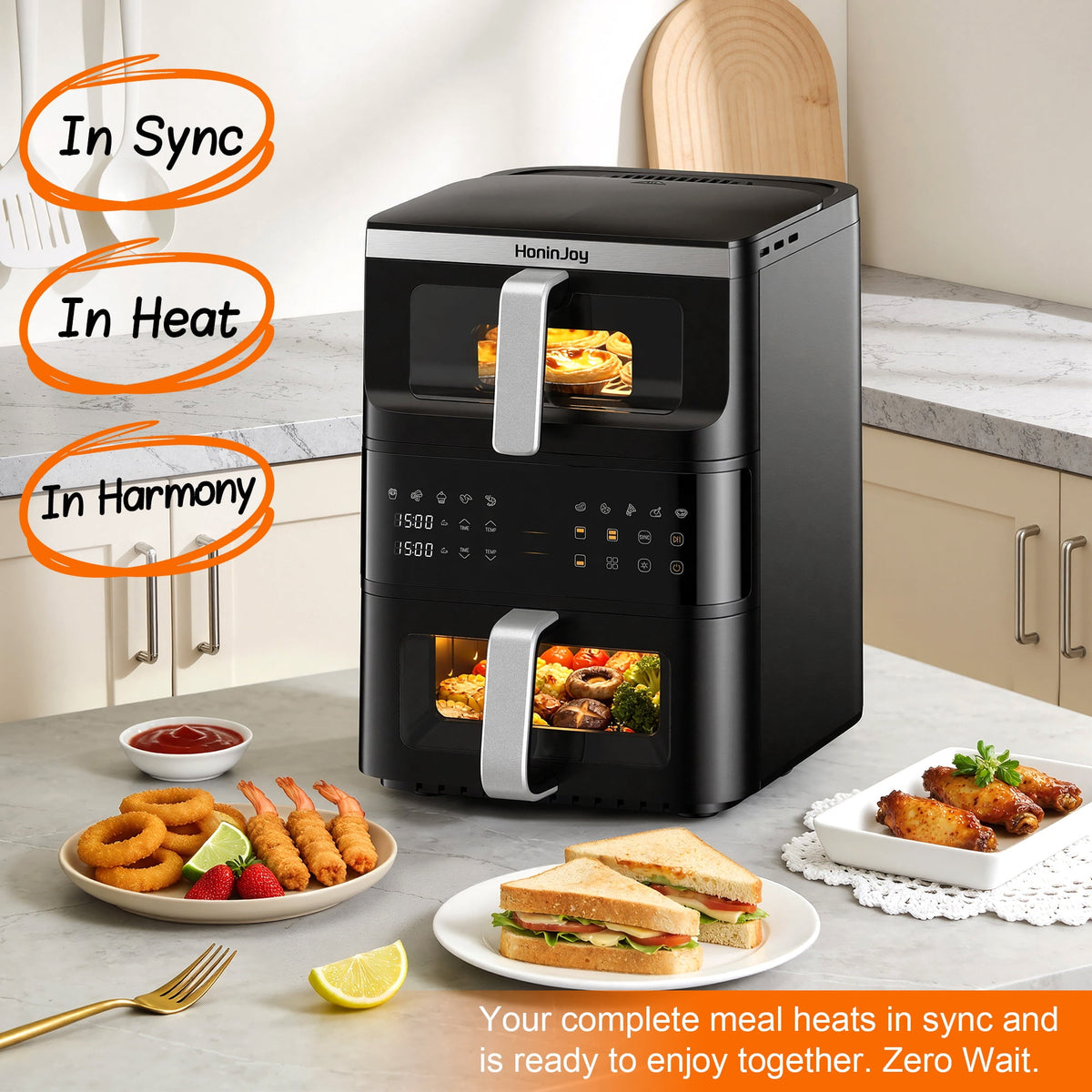 HoninJoy 13 QT Stack Double Basket Air Fryer, Space Saving Design, 10-in1 Air Fryer, Roast, Bake & More, Easy to Clean, Dishwasher Safe Parts