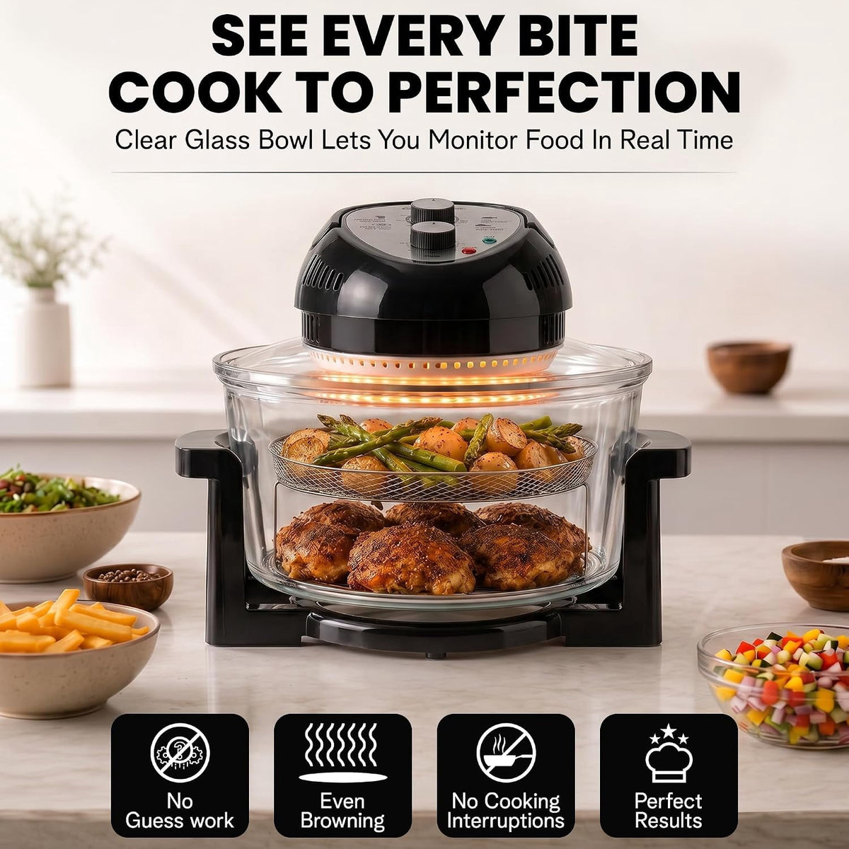 Granitestone 16Qt Large Glass Air Fryer Non Toxic – Family Sized Airfryer Cooker with 3 Cooking Levels, Stainless Steel Racks, Chicken, No Preheat, Self Cleaning, Dishwasher Safe, White