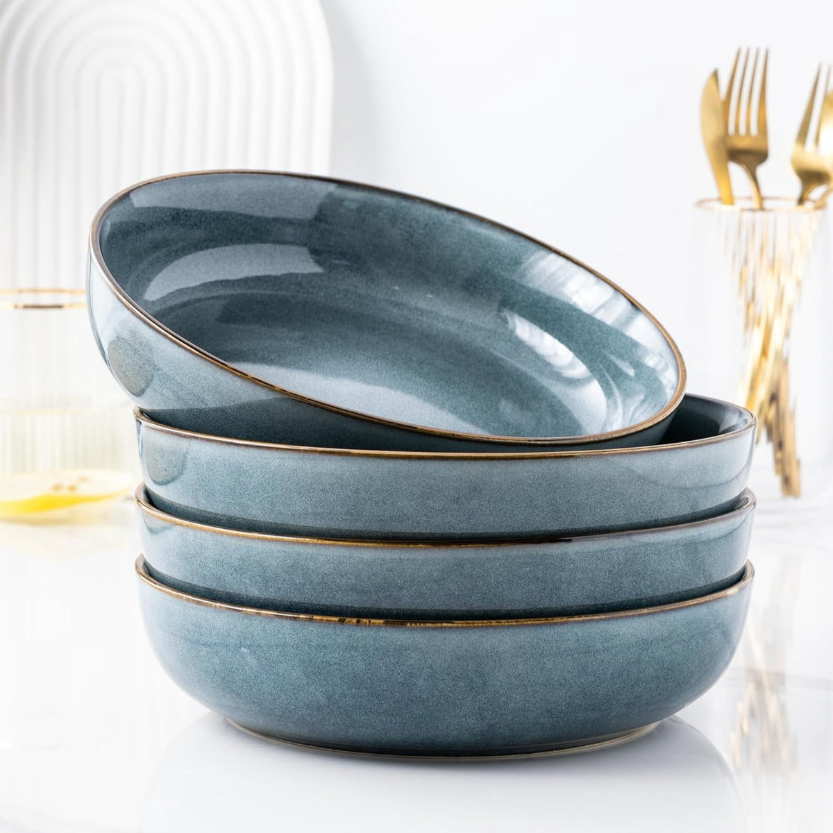 AmorArc 8.75'' Large Ceramic Pasta Bowls, 38oz Stoneware Pasta Serving Bowls Set of 4 for Kitchen, Wide Bowls for Fruit,Pasta,Salad,Oatmeal,Meal, Microwave Safe, Reactive Glaze-Space Blue