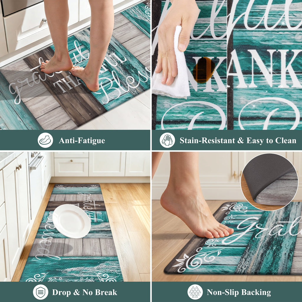 MeyJey Farmhouse Kitchen Rug Set of 2, Non-Slip Anti-Fatigue Waterproof Cushioned Mat for Kitchen, Dining & Laundry Room, 18"x30"+18"x48" Teal/Brown