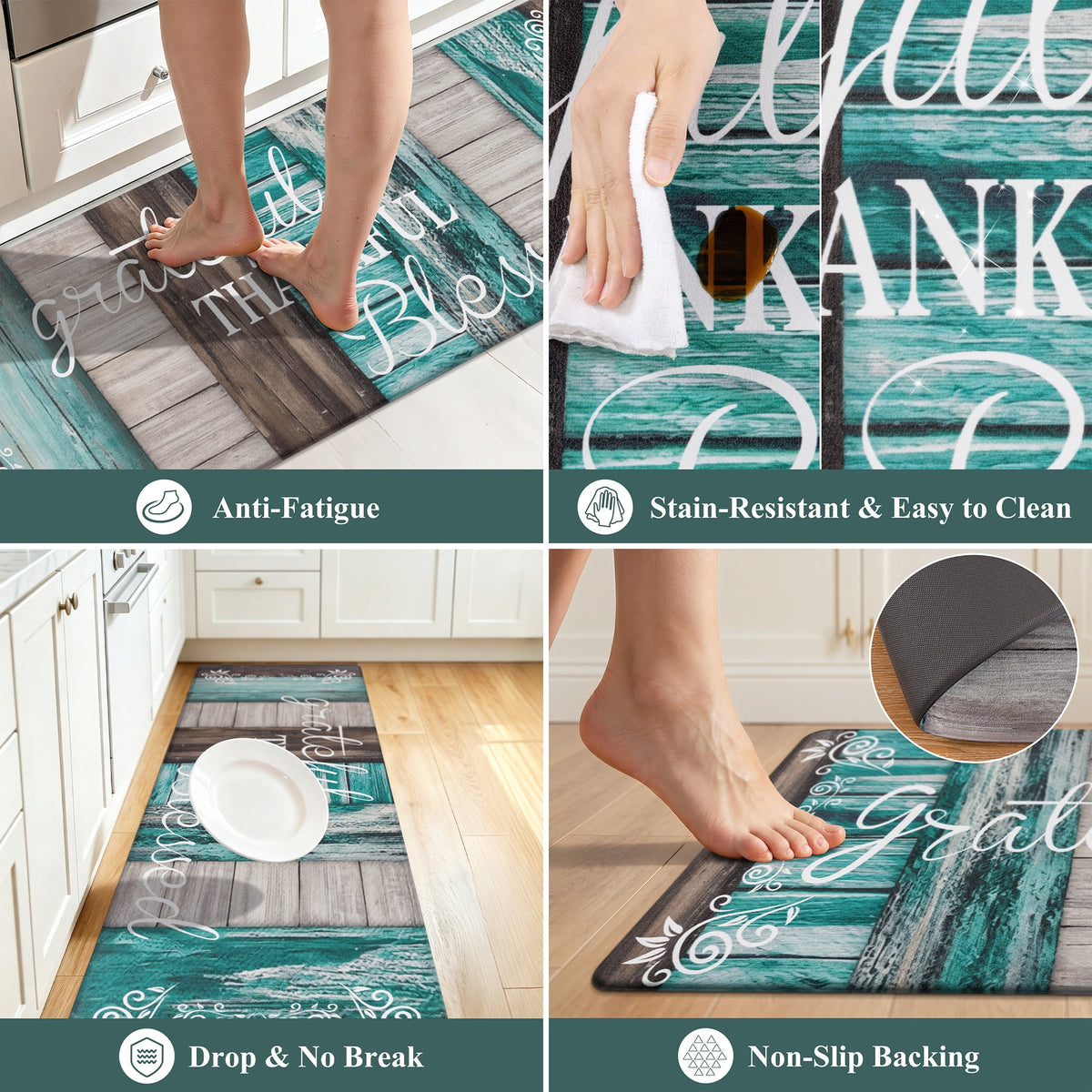 MeyJey Farmhouse Kitchen Rug Set of 2, Non-Slip Anti-Fatigue Waterproof Cushioned Mat for Kitchen, Dining & Laundry Room, 18"x30"+18"x48" Teal/Brown