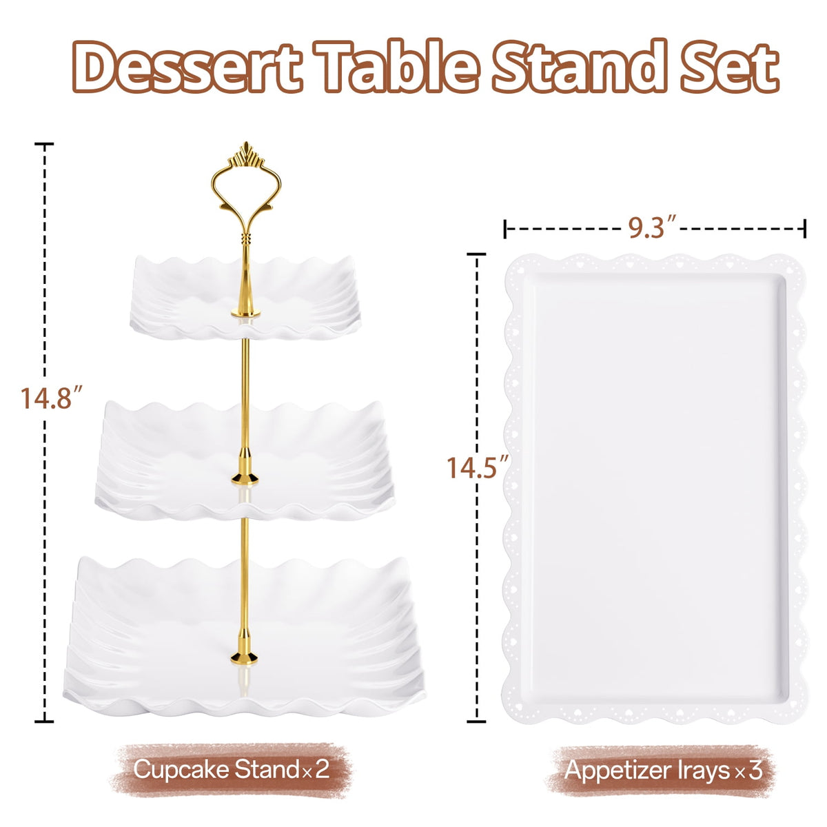 TINANA 5 Pack Dessert Table Display Set, 3-Tier Cupcake Stands & 3 Rectangular Serving Trays, White Plastic Cupcake Tower for Birthday, Baby Shower & Wedding