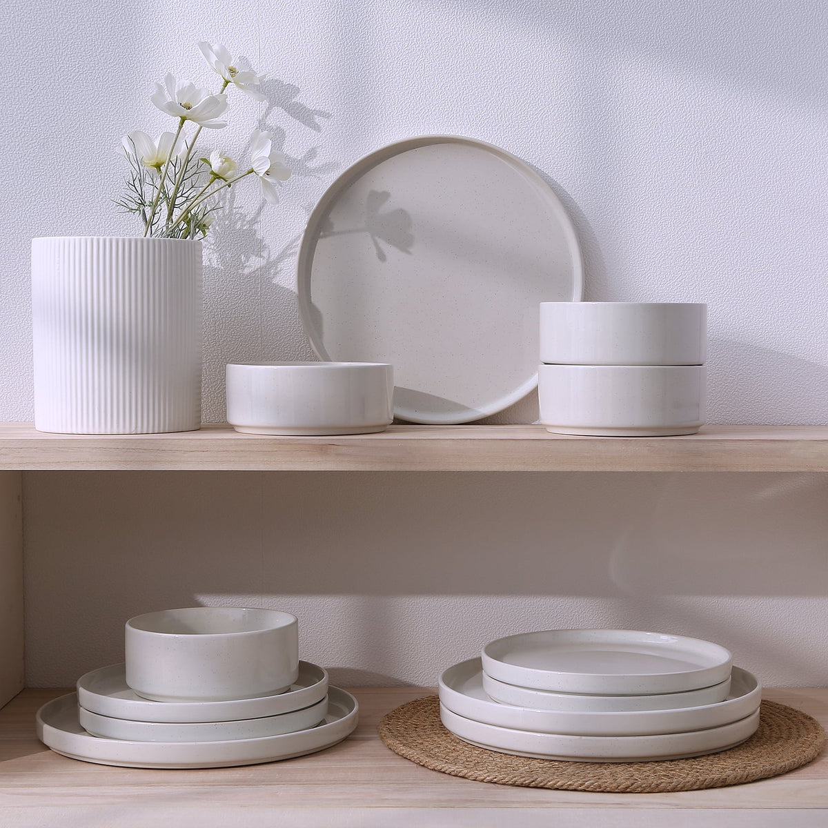 Famiware 12-Piece Stoneware Dinnerware Set with Plates & Bowls for 4, White