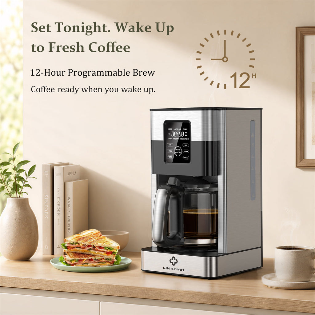 LINKChef Drip Coffee Maker 12 Cup Programmable Drip with Glass Carafe, 12-Hour Auto Brew Timer, Keep Warm Plate, Easy Clean Filter Basket
