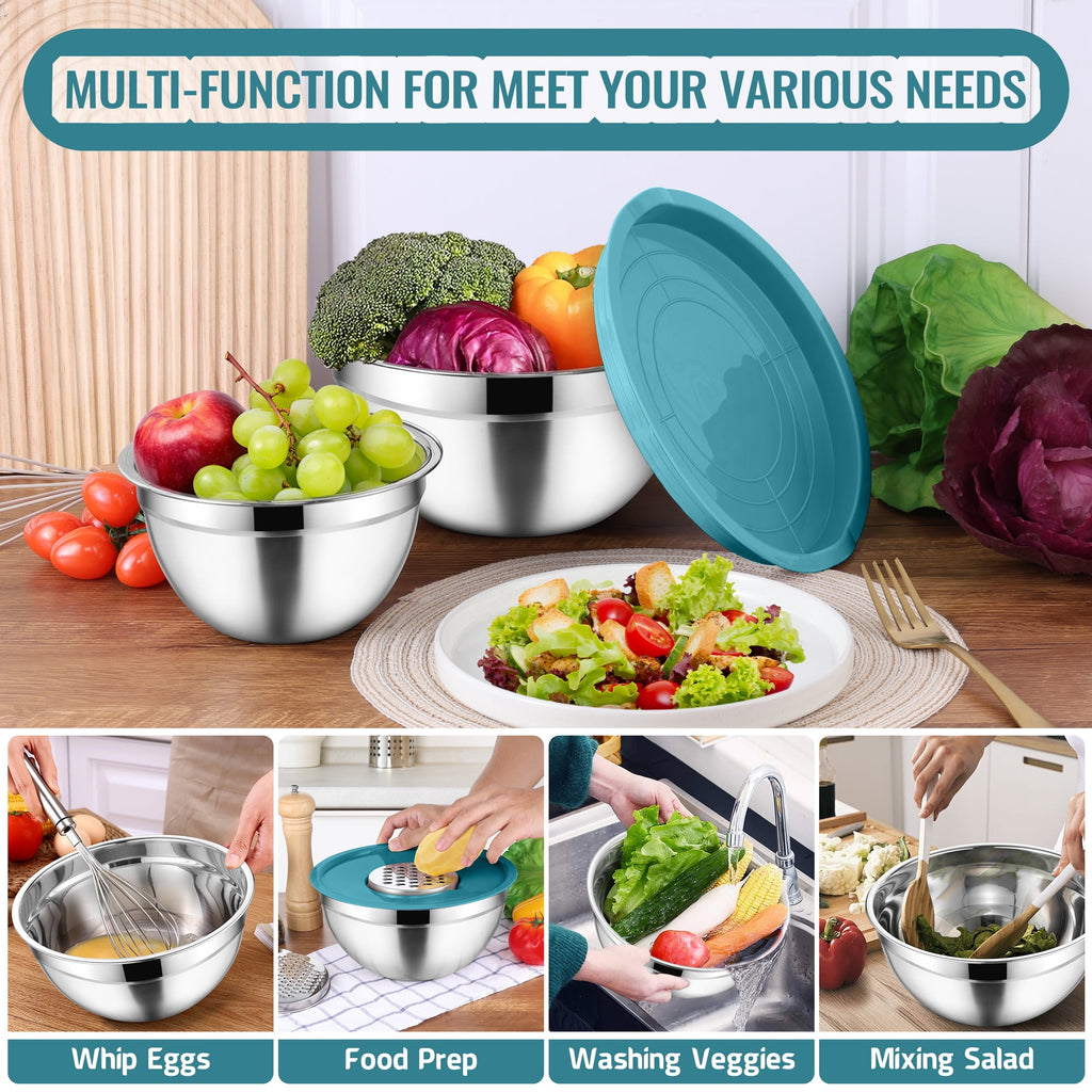 Mixing Bowls with Lids Set of 9, Vesteel Stainless Steel Mixing Bowls Metal Nesting Salad Bowls Attach with 3 Graters for Kitchen Grating/ Shredding, Size 4.6, 2.6, 2, 1.5, 1, 0.7 QT - Multi-Color