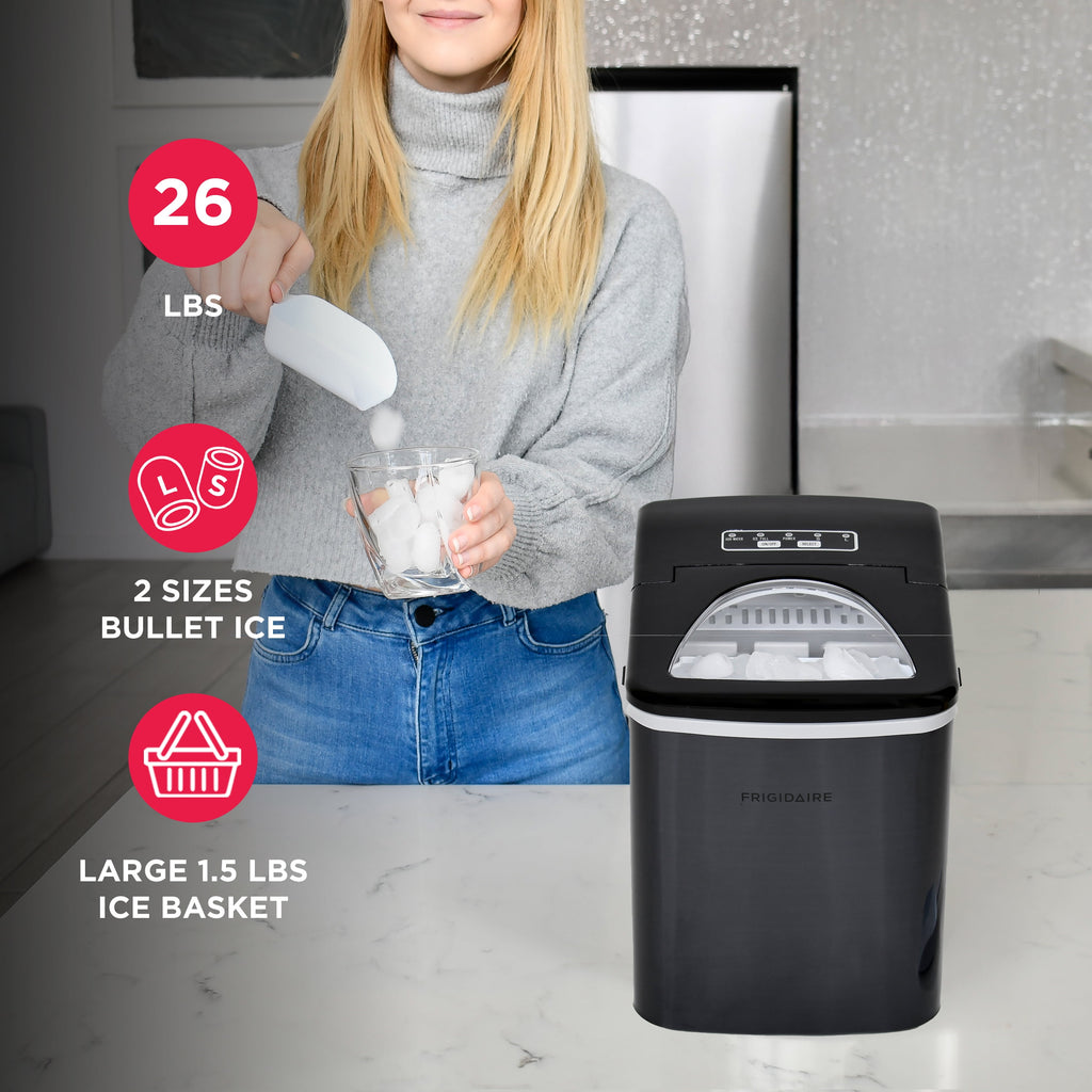 Frigidaire 26 lb. Bullet Ice Maker, Countertop Ice Machine with LED Control Panel, Red Stainless Steel