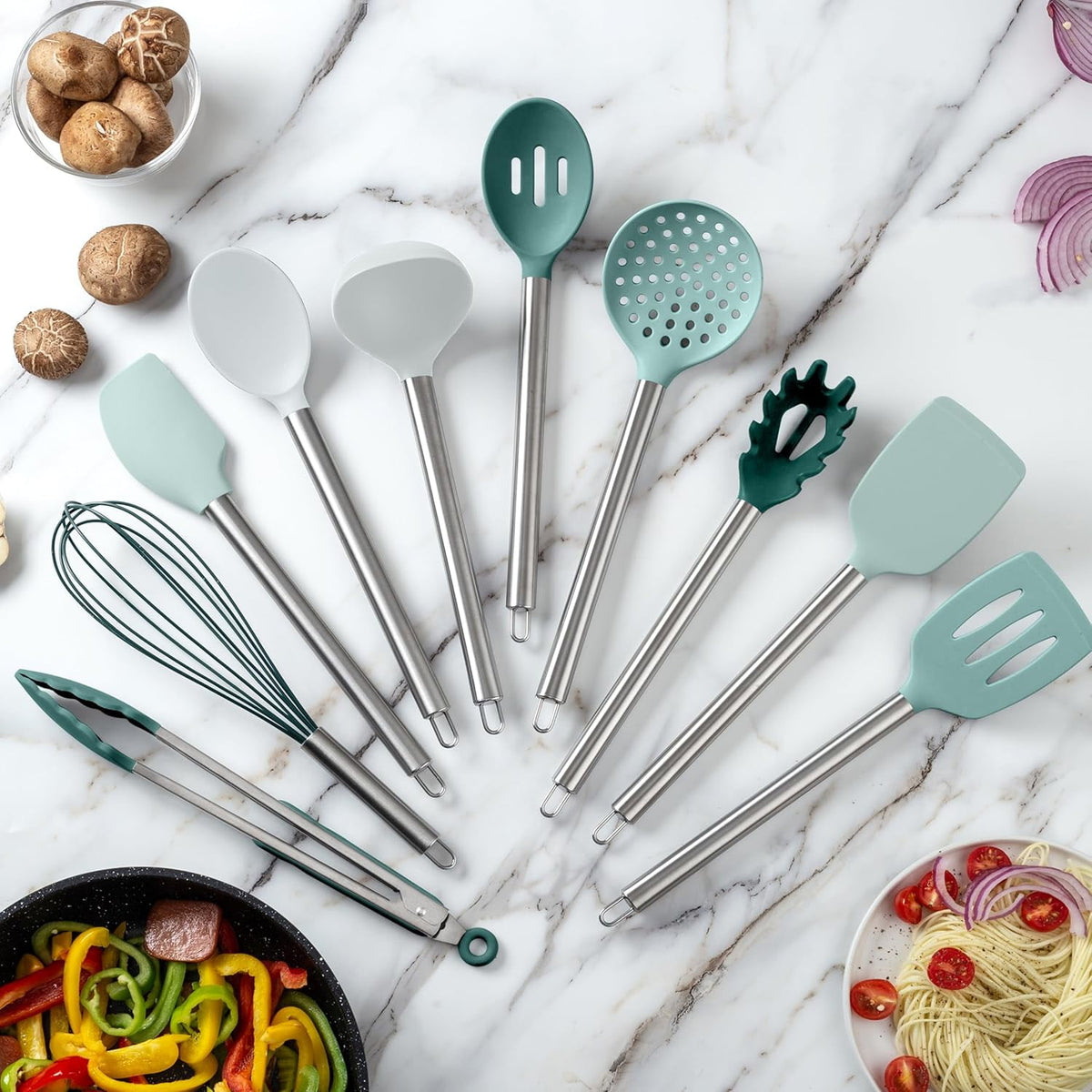 COOK WITH COLOR Kitchen Utensils Set, 10-Piece Cooking Utensils with Holder, Teal