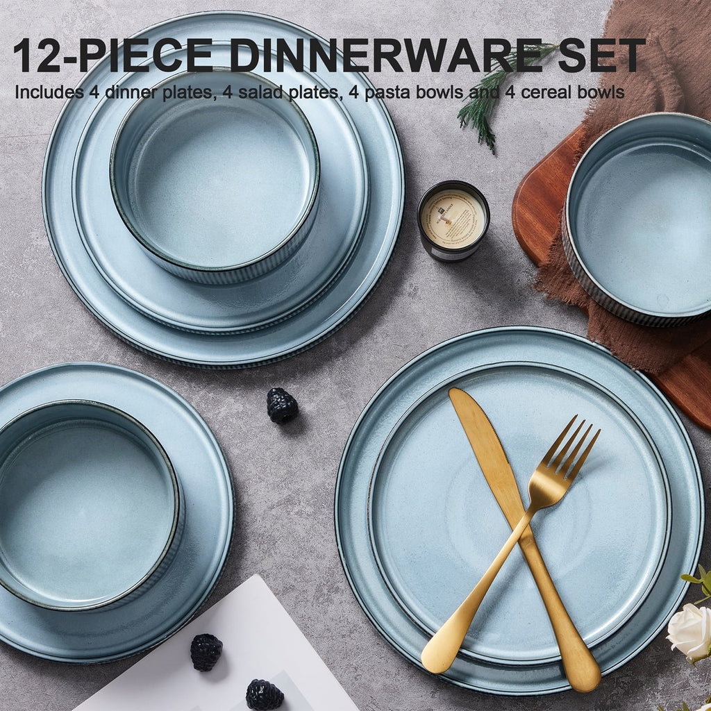 Vesteel 12 Pieces Dinnerware Set for 4, Premium Stoneware Ribbed Dishes, Chip & Scratch Resistant Plates and Bowls Set for Home Restaurant, Microwave and Dishwasher Safe - Speckled White