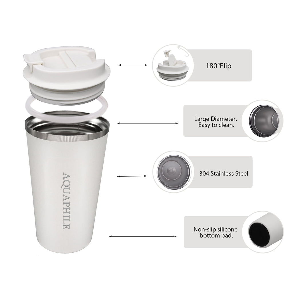 Aquaphile 17oz Coffee Mug to Go Stainless Steel Thermos Double Wall Insulated Coffee Cup Reusable Travel Mug with Leak proof Lid, White