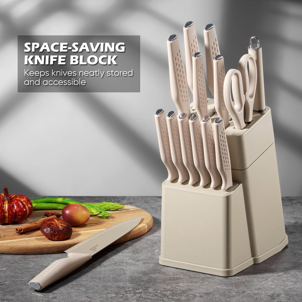Vesteel Knife Block Set for Kitchen, 15-Piece High Carbon Stainless Steel Knives Set with Ergonomic Handle, Ultra-sharp & Rust Resistant, Walnut Brown