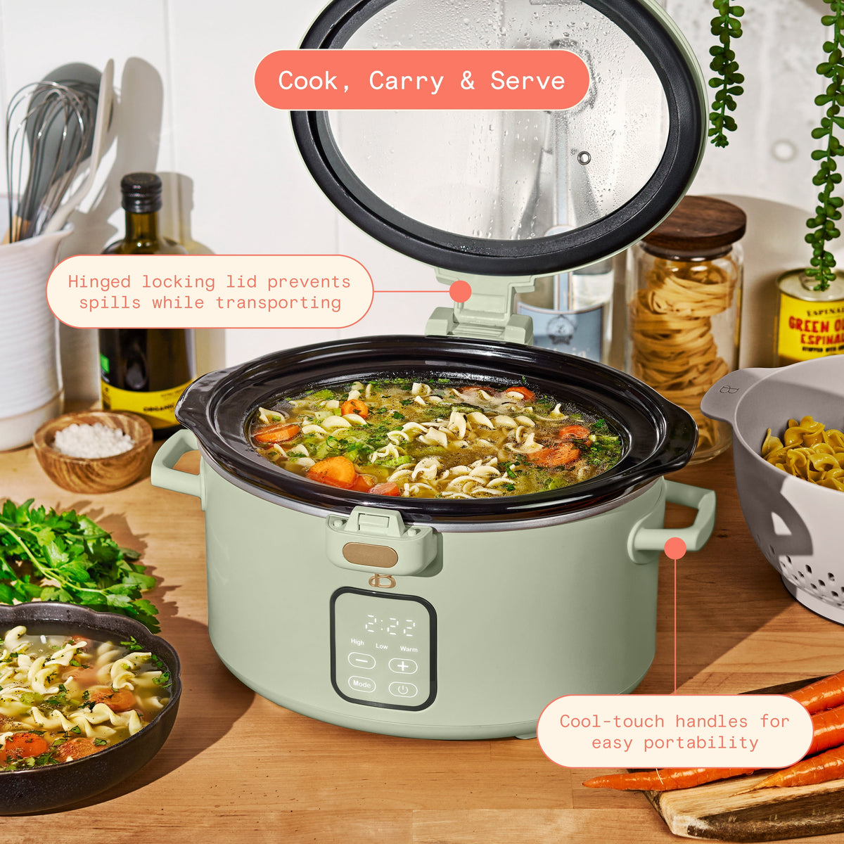 Beautiful 4 Qt Digital Slow Cooker with Hinged Locking Lid, Thyme Green by Drew Barrymore
