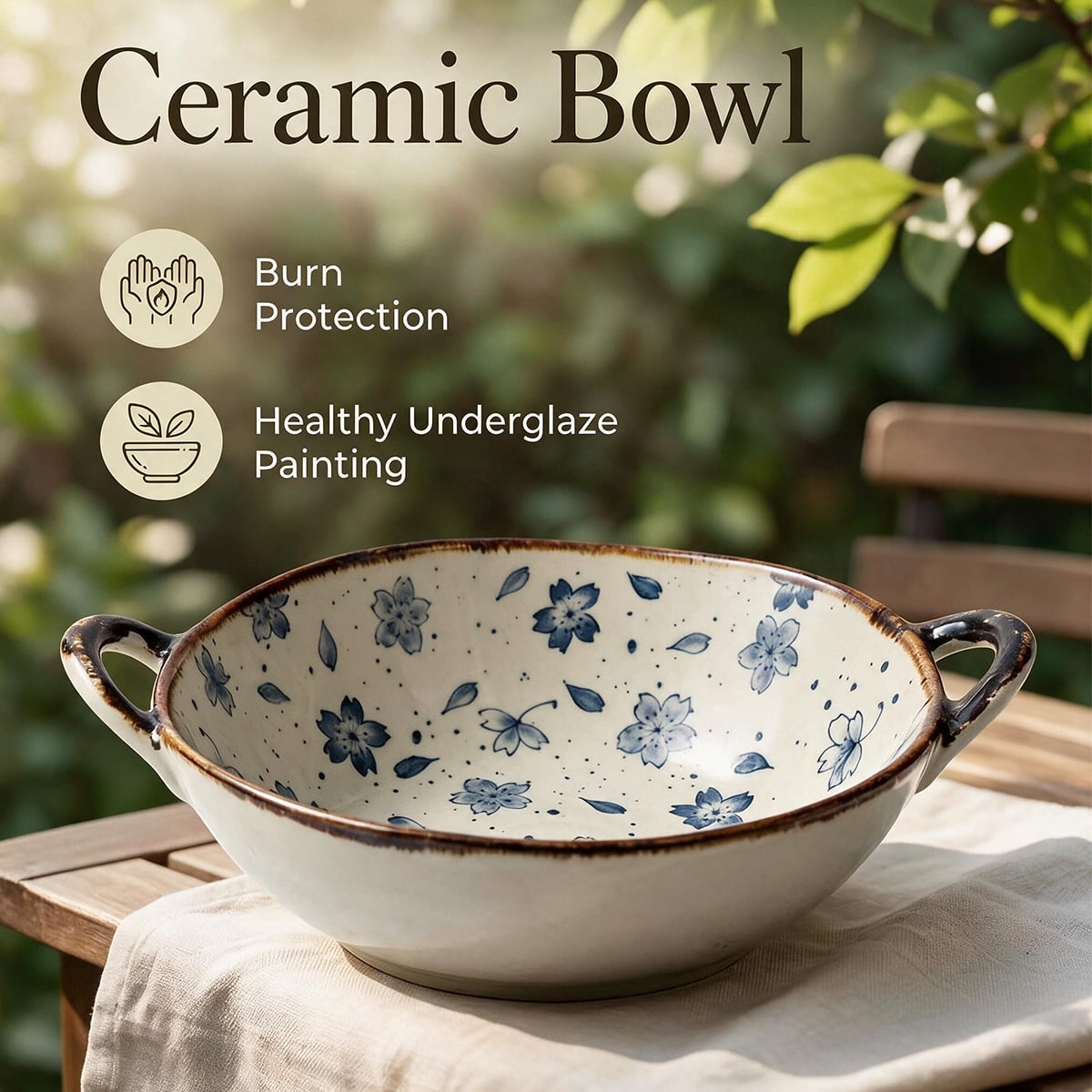 MYVIT Decorative Serving Bowl - 24oz Ceramic Soup Bowl with Handle Ramen Bowl for Salad,Pasta,Cereal,700ML Porcelain Stoneware Kitchen Dish
