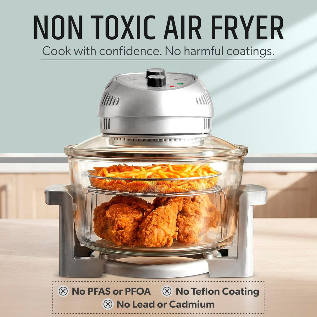 Granitestone 16Qt Large Glass Air Fryer Non Toxic – Family Sized Airfryer Cooker with 3 Cooking Levels, Stainless Steel Racks, Chicken, No Preheat, Self Cleaning, Dishwasher Safe, White