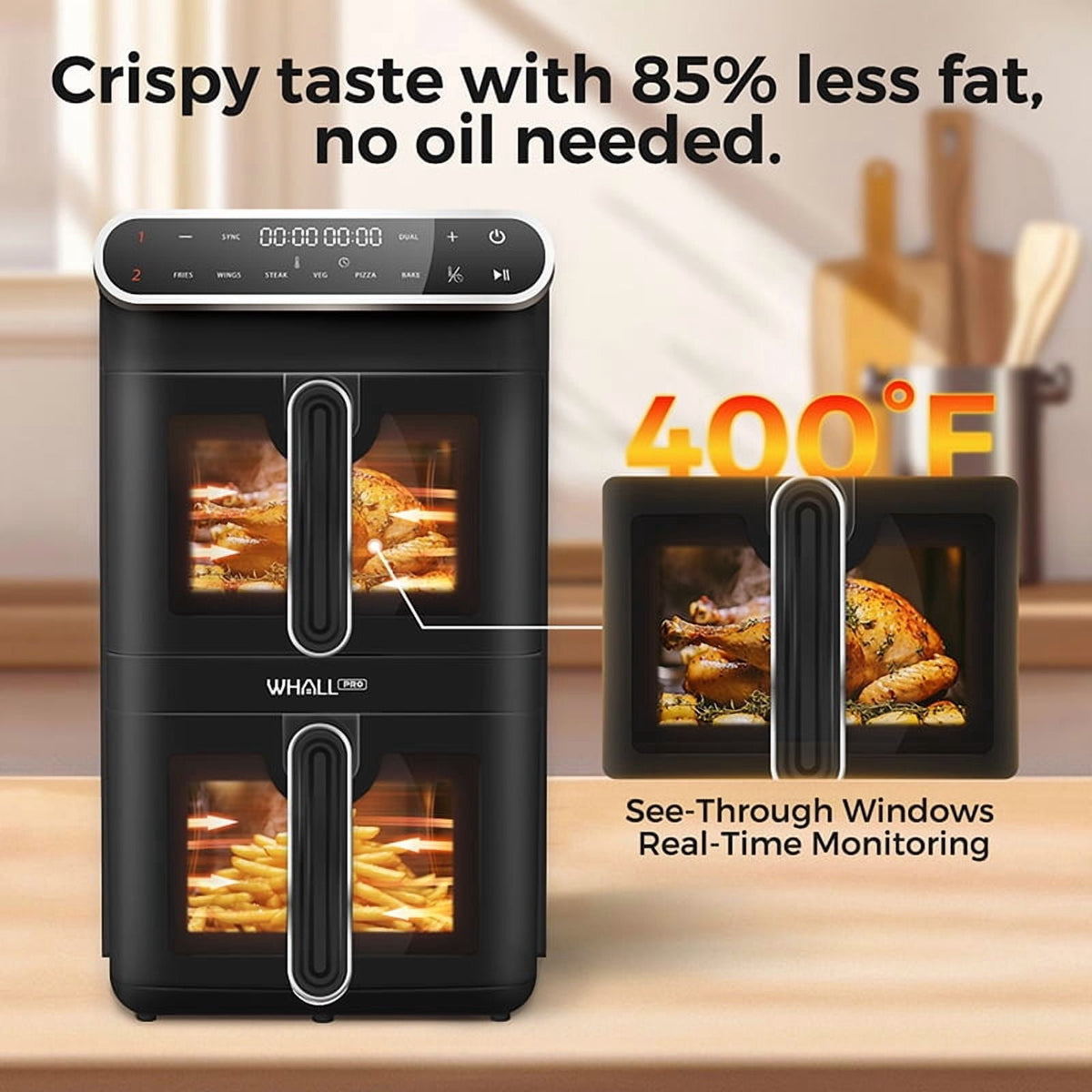 WHALLSE Dual Basket Digital Air Fryer Oven with View Windows, 2 Independent 5.5 Qt Baskets, 1650W, New