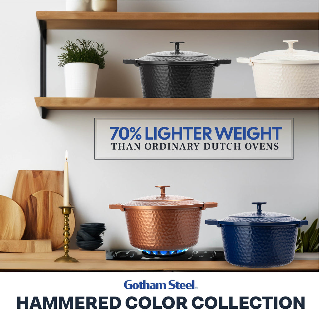 Gotham Steel Ceramic Hammered 5 Qt Lightweight Dutch Oven Pot with Lid & Holders, Oven Safe & Even Heat Retaining Dutch Oven for Bread Baking Sourdough, Soup, 70% Lighter than Cast Iron, Navy