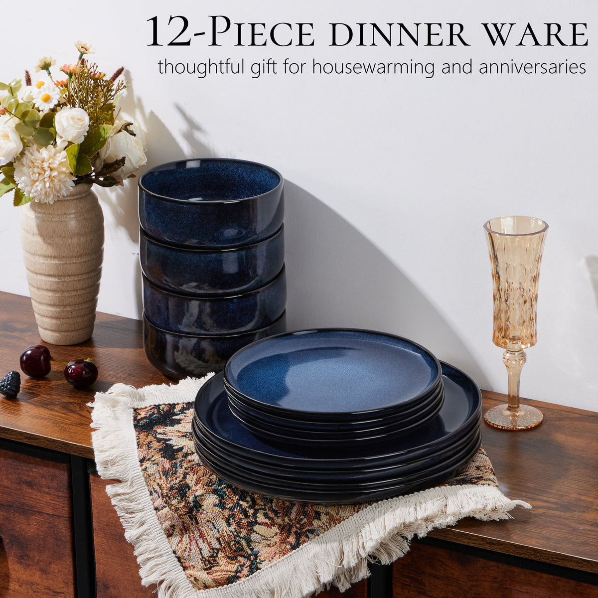 Vesteel Dinnerware Sets for 4, 12-Piece Stoneware Dish and Bowls Set, Handmade Reactive Glaze Coupe Plates Set for Family, Chip & Scratch Resistant - Matte Black