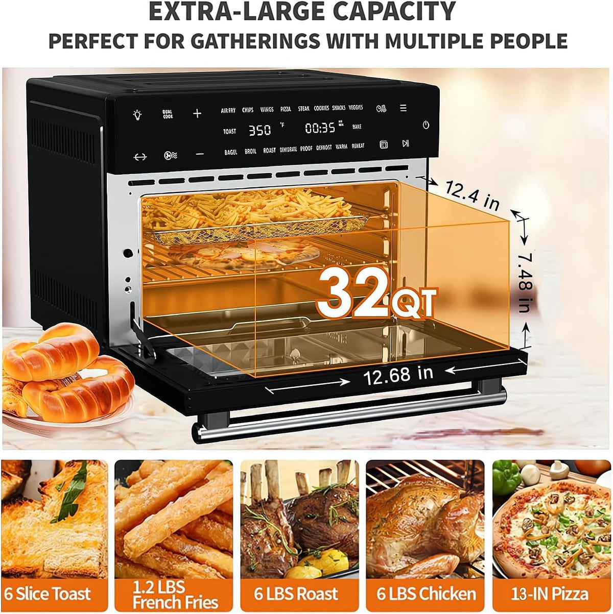 Kitchen in the Box 32QT Digital Air Fryer Toaster Oven Combo, 21-in-1 Convection Oven with Rotisserie & Dehydrate, Family-Size Countertop Oven with 6 Accessories, 1800W, Black