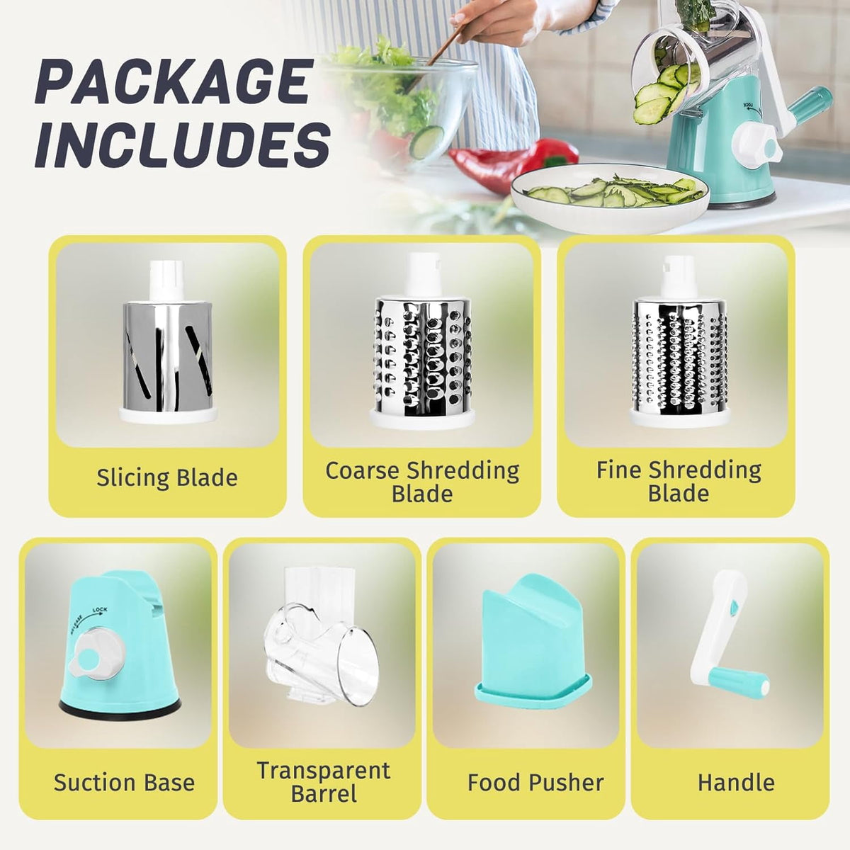 Premium Rotary Cheese Grater, Manual Cheese Grater for Kitchen, Handheld Vegetables Slicer Cheese Shredder with Rubber Suction Base, 3 Stainless Drum Blades Included,Blue
