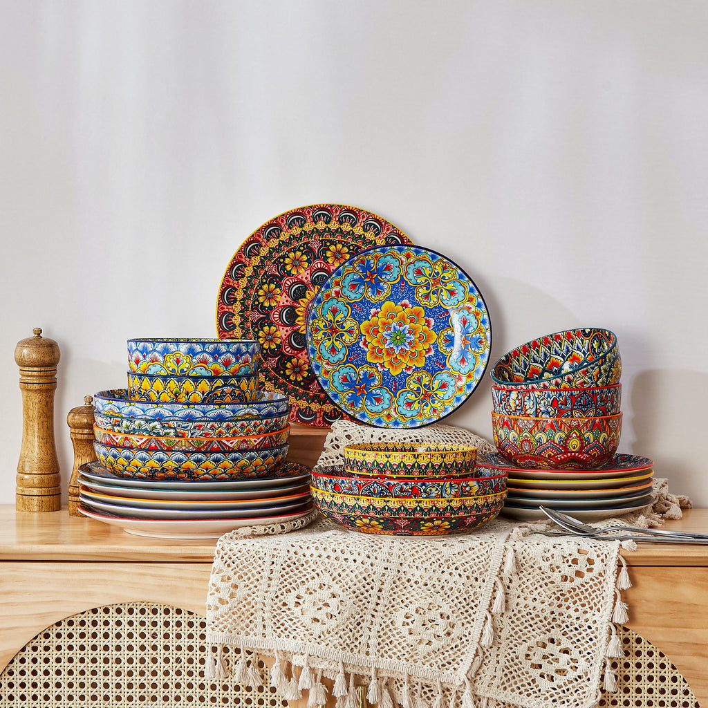 Vancasso Dinnerware Set, Porcelain Plates and Bowls Set for 4, 12 Pieces Ceramic Boho Dish Set for Kitchen, Dishwasher and Microwave Safe, Series LUMI