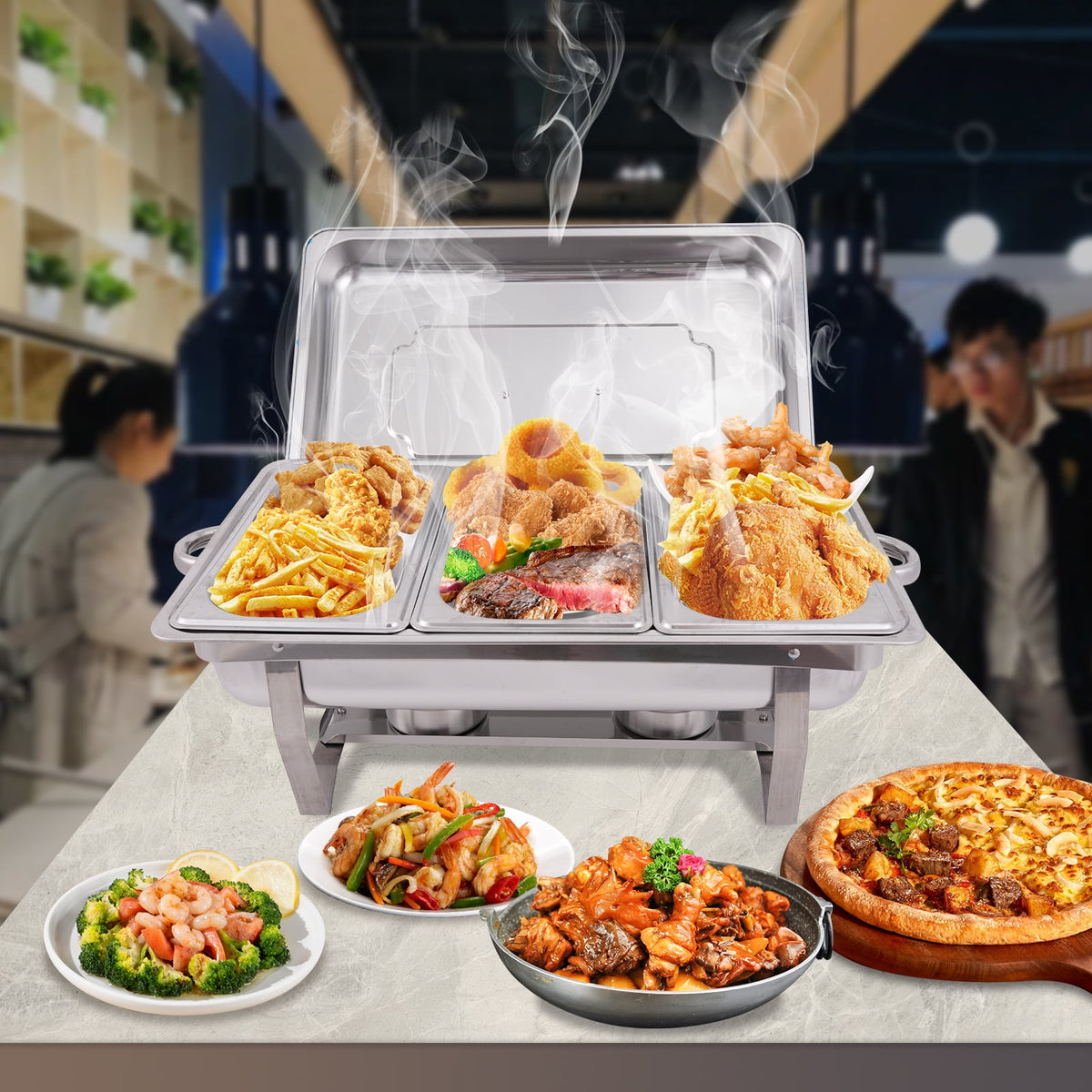Jacgood 5 Pack Chafing Dish Buffet Set 8Qt. Foldable Rectangular Chafer Set, Stainless Steel Catering Warmer Set W/Full Size Water Pan, Food Pan, Fuel Holder for Cooked Food Insulation