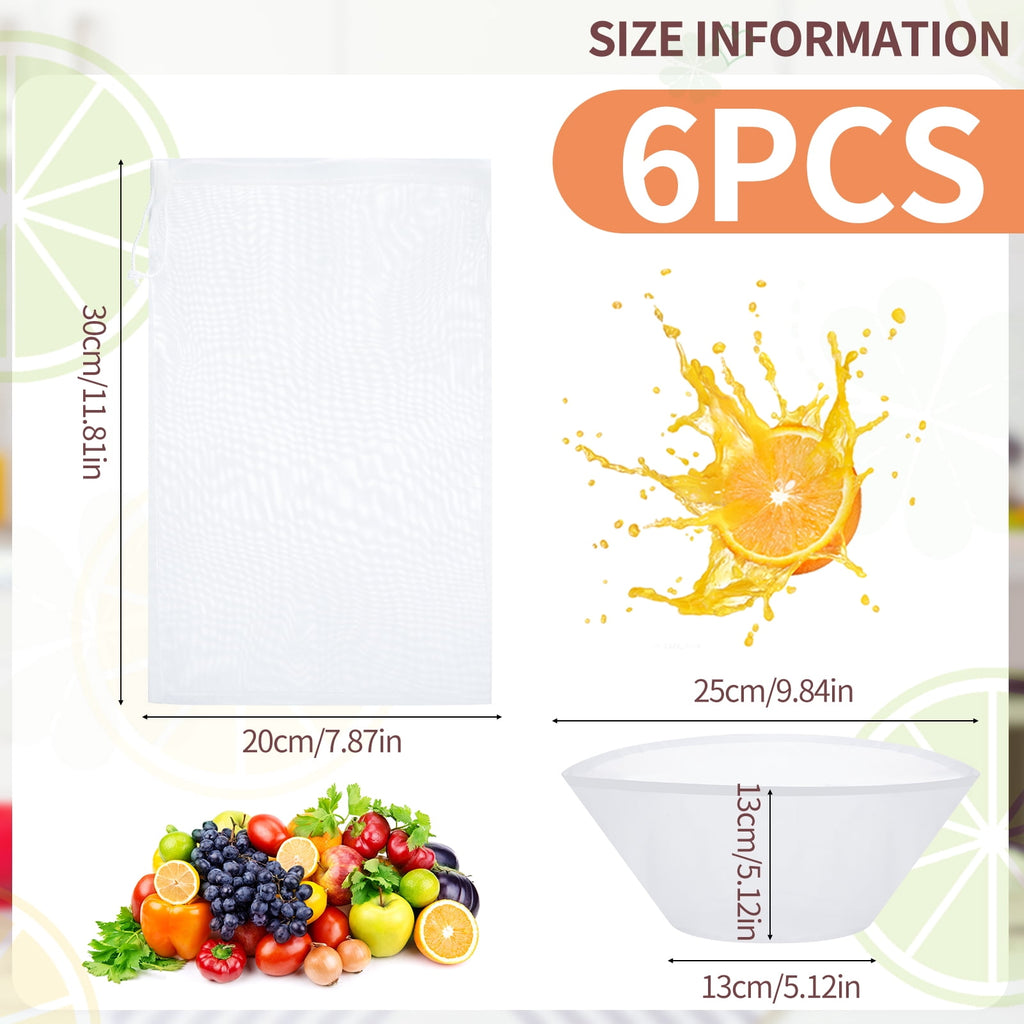 Topekada 6 Pcs Nut Milk Bag and Filter Set, 2-Design Cheese Cloth Bag for Straining, Reliable Washable Reusable Cheesecloth Bags for Tea Milk Yogurt Juice Wine Cold Brew Coffee